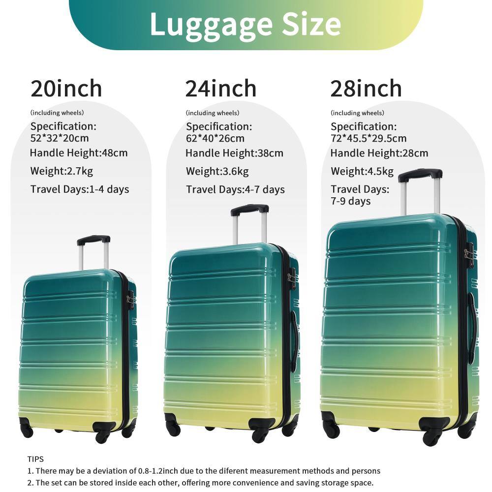 Luggage Size

20inch (including wheels)
- Specification: 52*32*20cm
- Handle Height: 48cm
- Weight: 2.7kg
- Travel Days: 1-4 days

24inch (including wheels)
- Specification: 62*40*26cm
- Handle Height: 38cm
- Weight: 3.6kg
- Travel Days: 4-7 days

28inch (including wheels)
- Specification: 72*45.5*29.5cm
- Handle Height: 28cm
- Weight: 4.5kg
- Travel Days: 7-9 days

TIPS
1. There may be a deviation of 0.8-1.2inch due to different measurement methods and persons.
2. The set can be stored inside each other, offering more convenience and saving storage space.