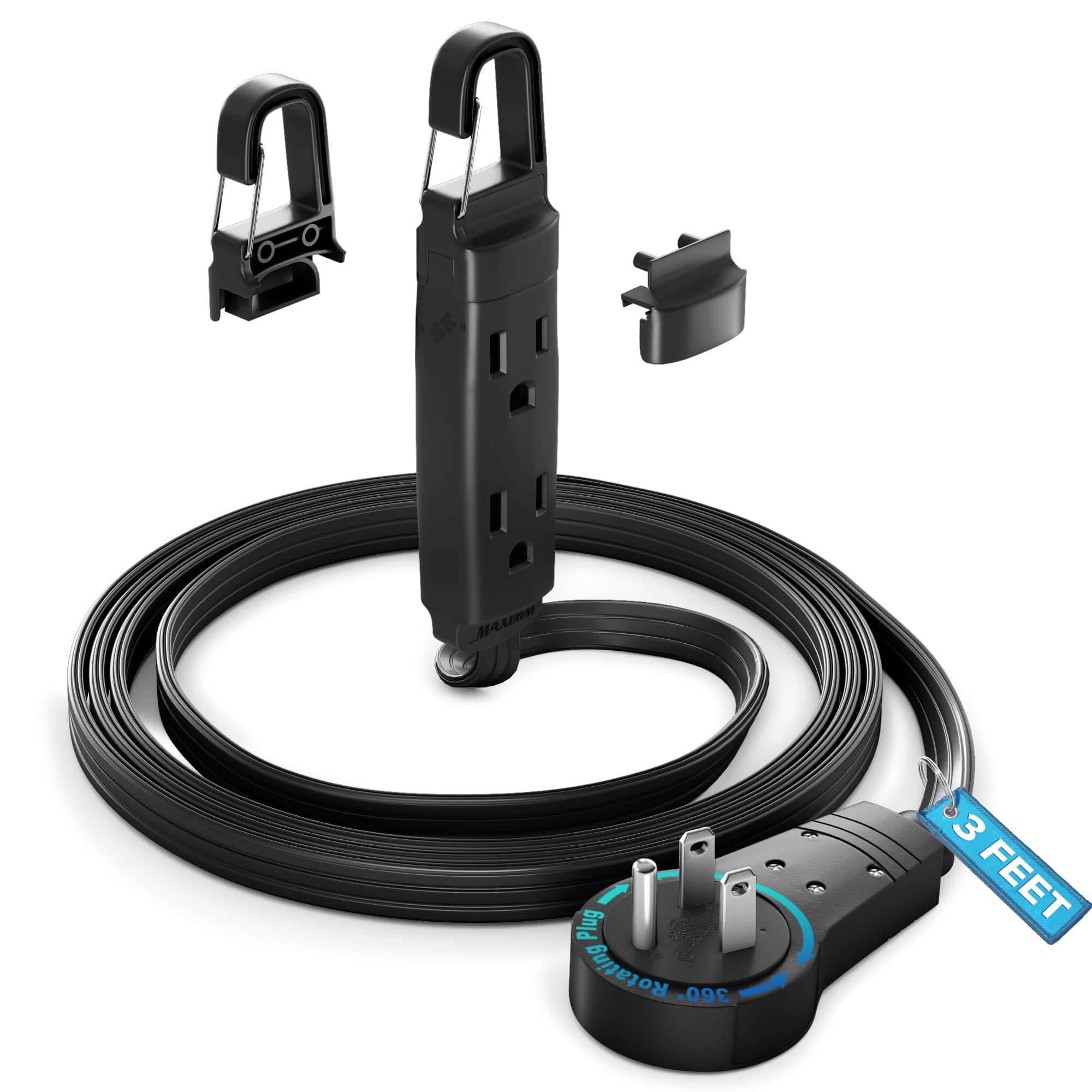 Maximm - 360° Rotating Flat Plug Extension Cord with a Removable Hook, Extension Cord 3 ft (16 Gauge) UL Certified - Black