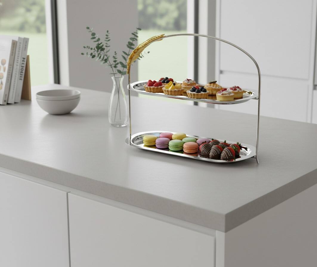 Left. Jiallo - Aurelia Leaf Tray 2-tier stand w/gold fern: 16x6" - Silver /Gold.