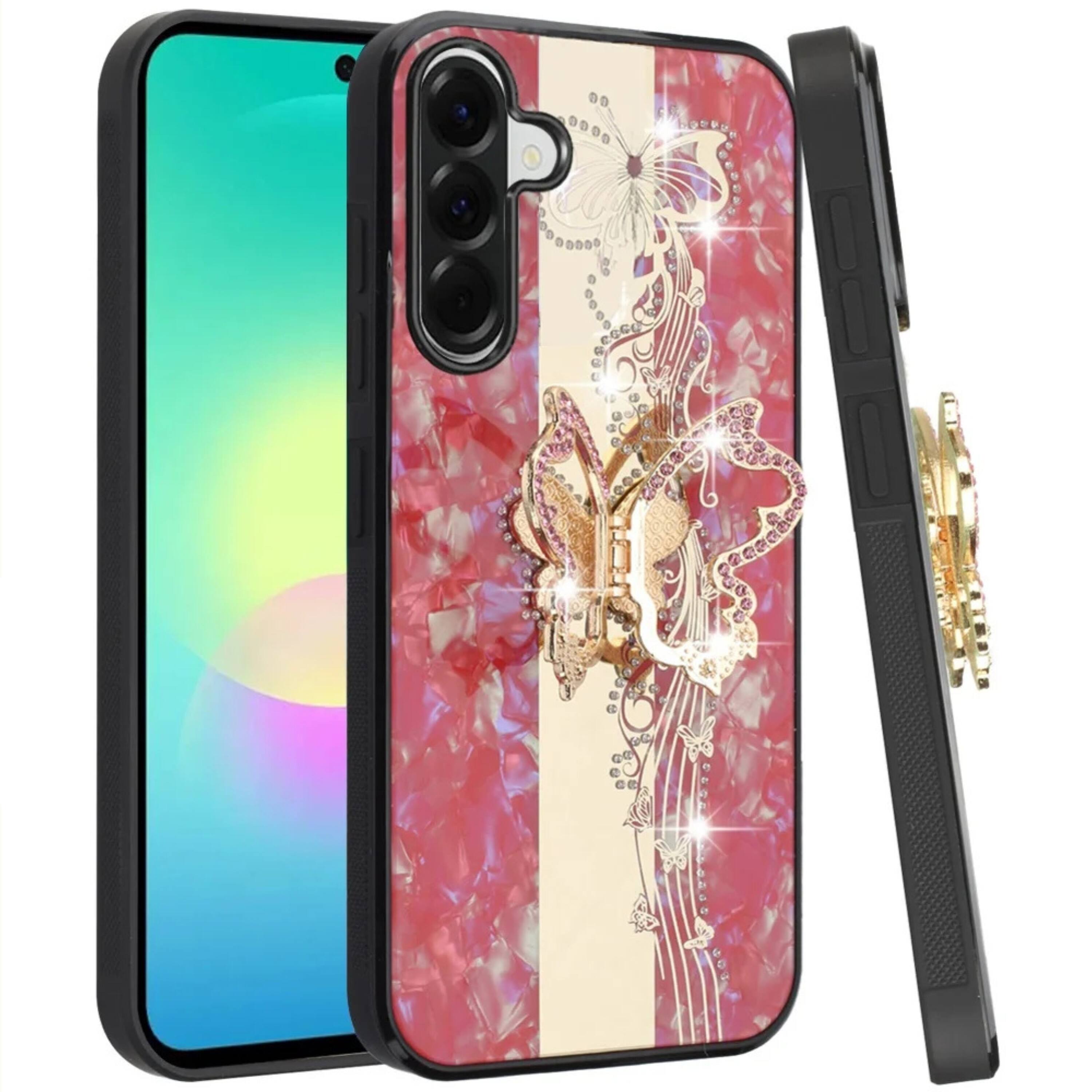 Angle. Kitcheniva - Luxury Diamond Style Case With Tempered Glass For Samsung A27 5G Floral Purple - Purple.