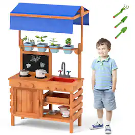 Gymax - Mud Kitchen Wooden Pretend Play Kitchen w/ Height Adjustable Canopy - Natural