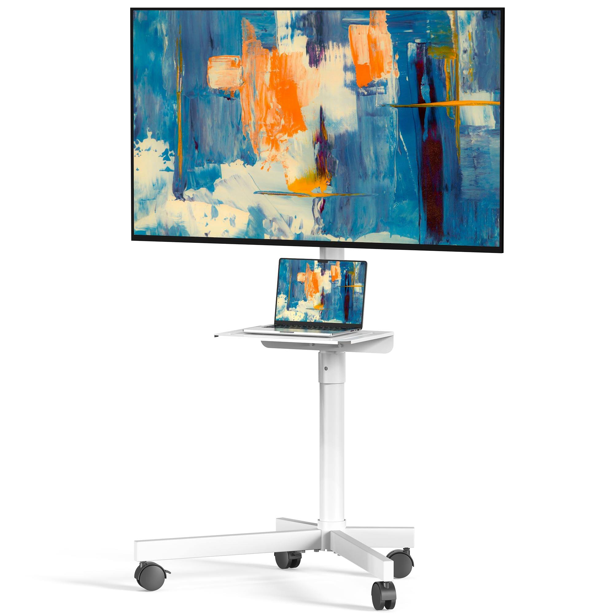 Refined Abode Design - Mobile Tv Cart Rolling Stand For 23 Lcd Led Oled Flat Curved Screens Up To Height Adjustable Portable With - White 23-60 Inch with Shelf