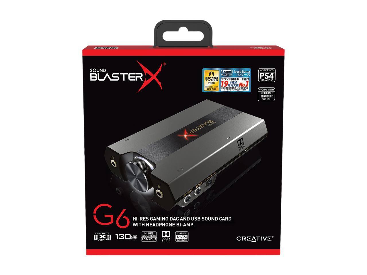 Sound Blaster X  
Hi-Res Gaming DAC and USB Sound Card with Headphone Bi-Amp  
130 dB SNR  
Works with PS4, Xbox One, Nintendo Switch  
Hi-Res PCM/DOP  
Virtual 5.1 Surround  
Dolby Digital  
Creative Audio  
Awarded Best Buy 2018