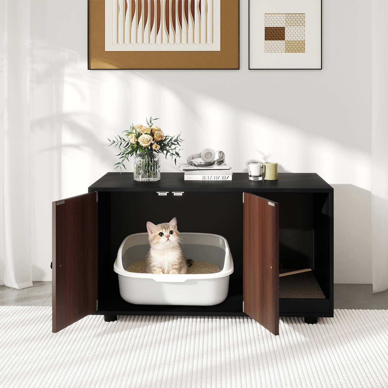 Alt View 3. Costway - Costway Wooden Cat Litter Box Enclosure, Hidden Litter Box Furniture with Scratching Board - Black.