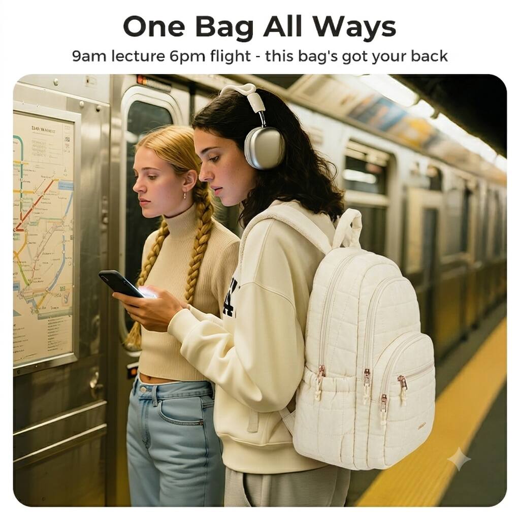 One Bag All Ways  
9am lecture 6pm flight - this bag's got your back