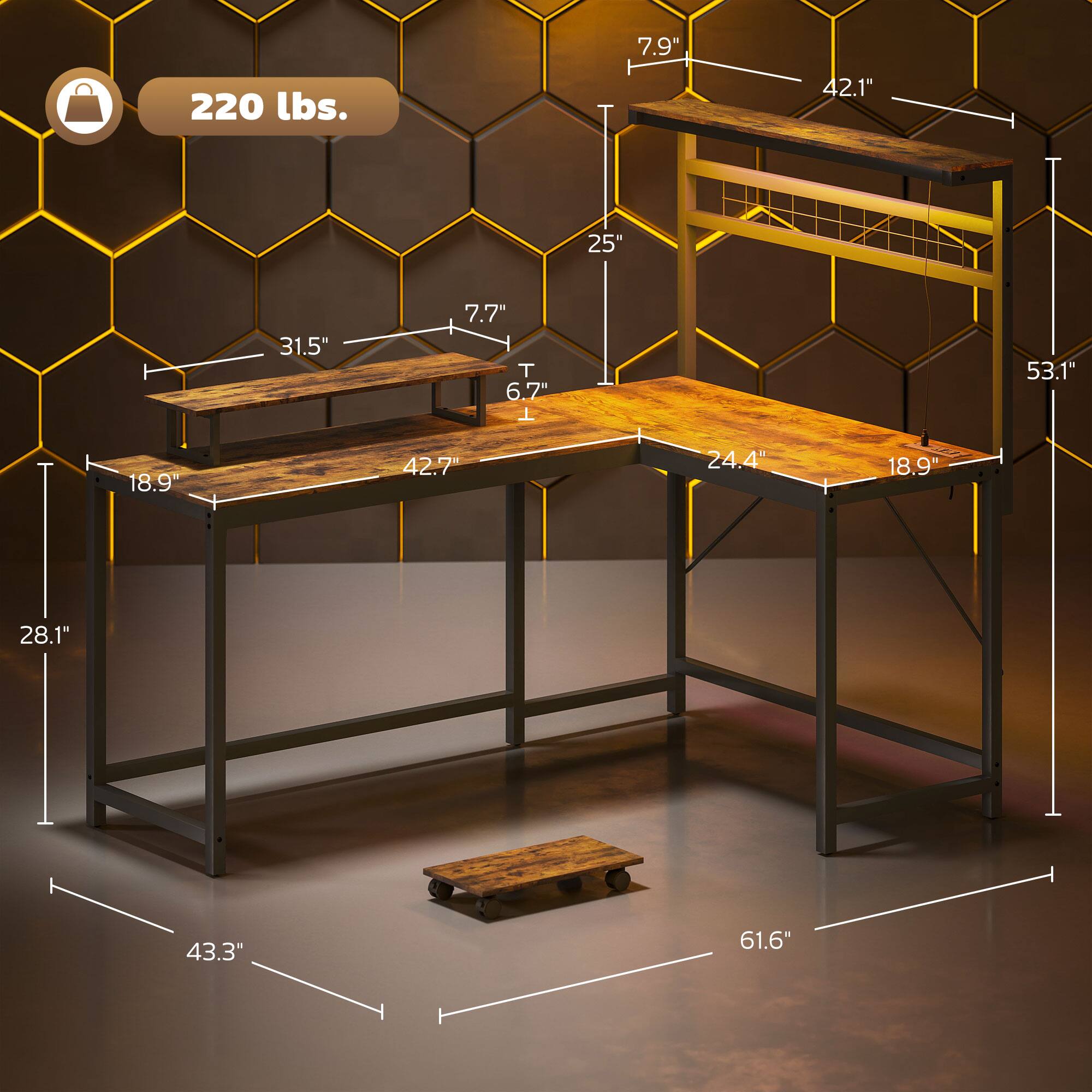 7.9" 220 lbs.  
42.1" 25" 31.5" 7.7"  
6.7" 53.1" 18.9" 42.7" 24.4" 18.9" 28.1" 43.3" 61.6"