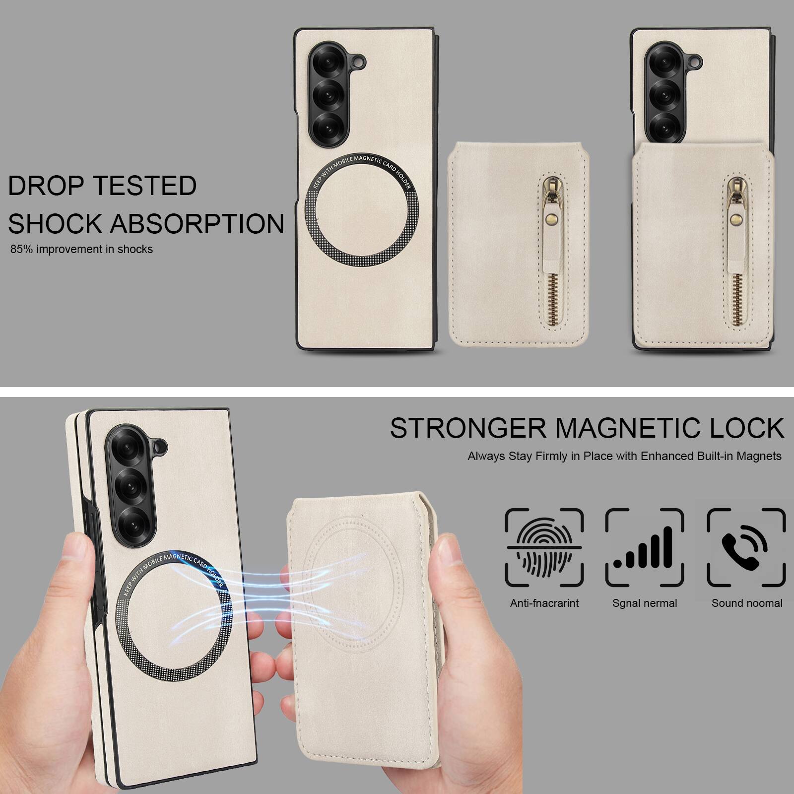 MIAGNETA WITH MORE CARD DROP TESTED D R SHOCK ABSORPTION 85% improvement in shocks | STRONGER MAGNETIC LOCK Always Stay Firmly in Place with Enhanced Built-in Magnets

MATHETC WILIEMORE MOALE (TH

wAUN Anti-fnacrarint Sgnal nermal Sound noomal