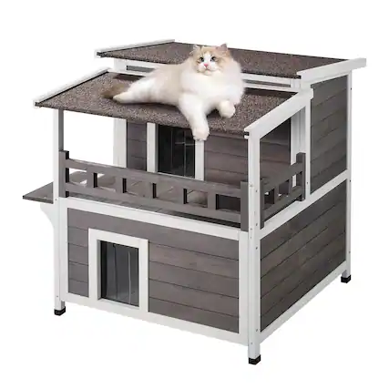 Front. VEVOR - Outdoor Cat House Weatherproof, Feral Cat Shelter for Multiple Cats, 2-story Large Outdoor Wooden Cat House with Balcony.