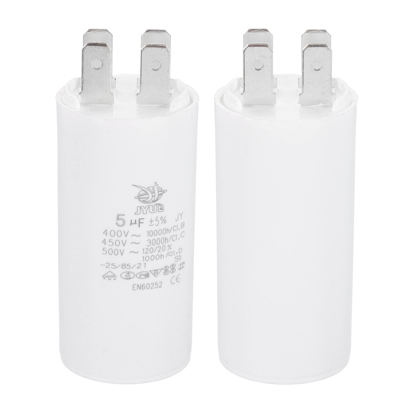 JYUB  
5 µF ±5%  
JY  
400V ~ 10000h/CI.B  
450V ~ 3000h/CI.C  
500V ~ 120/20% - 120/20% /CI.D  
1000h/CI.D  
-25/85/21  
I E  
PS  
TUV  
CE  
EN60252