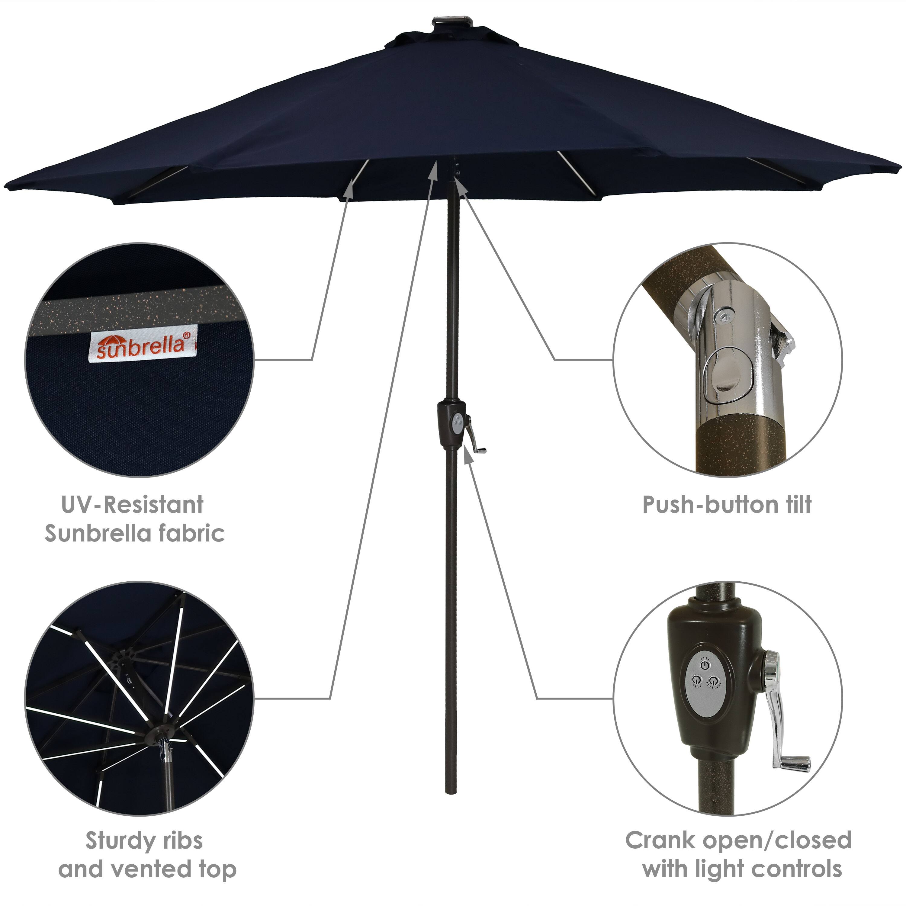- UV-Resistant Sunbrella fabric
- Push-button tilt
- Sturdy ribs and vented top
- Crank open/closed with light controls