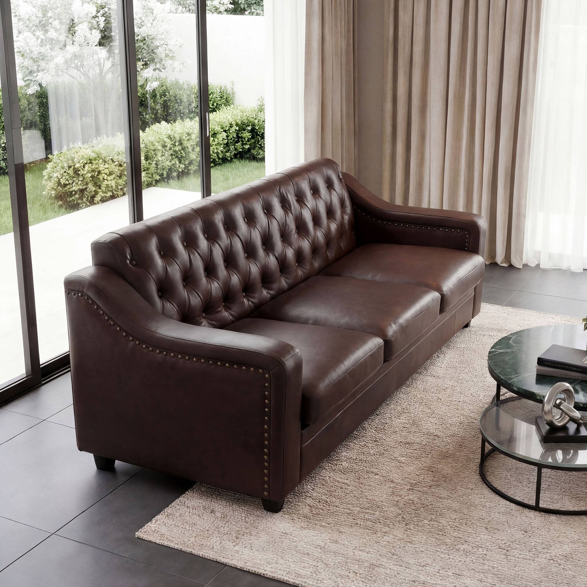 Alt View 3. Dyonery - 78.7" Three Seater Sofa, Chesterfield Sofa, Mid-Century Modern PU Upholstered, Deep Button Tufted Living Room Sofa,Brown - Black.
