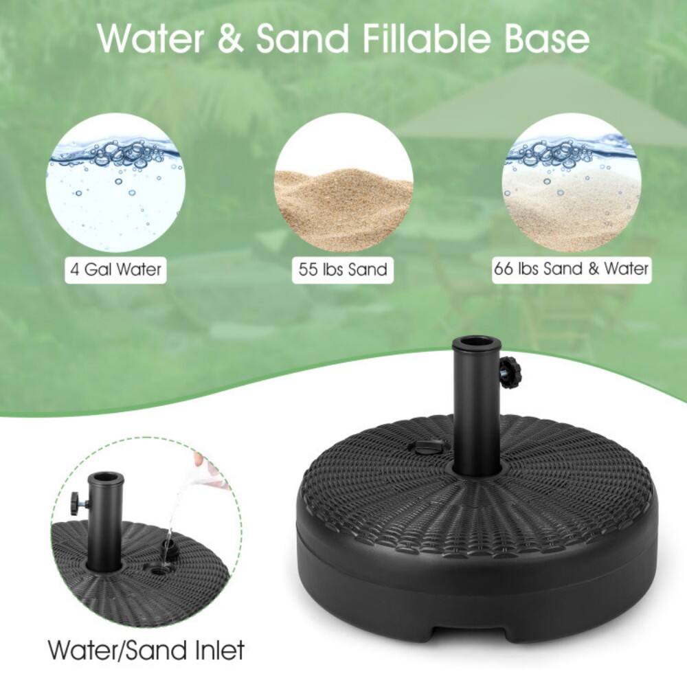 Water & Sand Fillable Base

- 4 Gal Water
- 55 lbs Sand
- 66 lbs Sand & Water
- Water/Sand Inlet