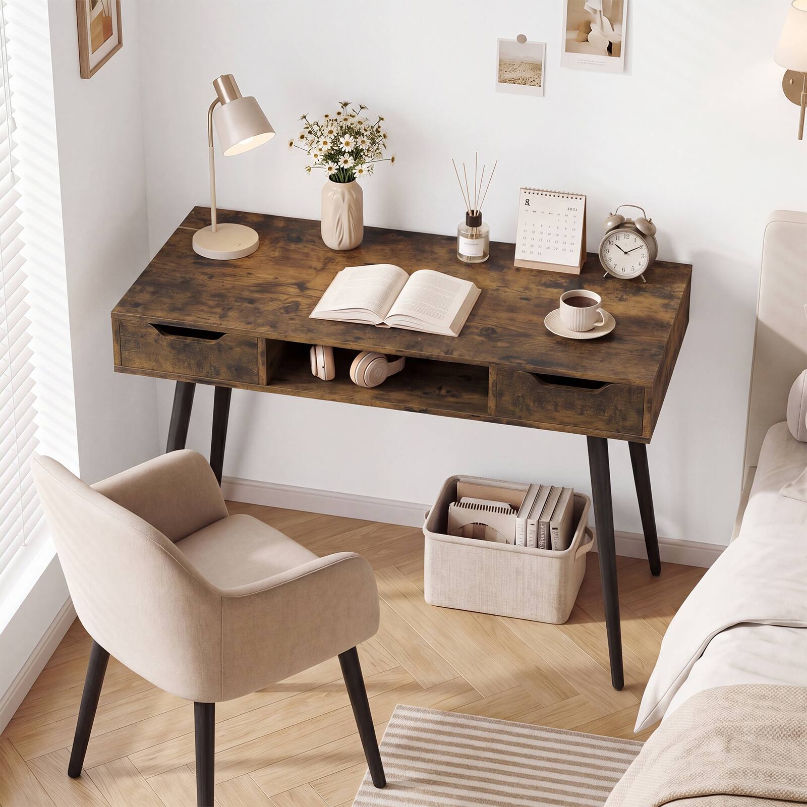 Alt View 1. Costway - Costway Computer Desk with Drawers, Open Storage Compartment for Small Spaces, Office - Rustic Brown.