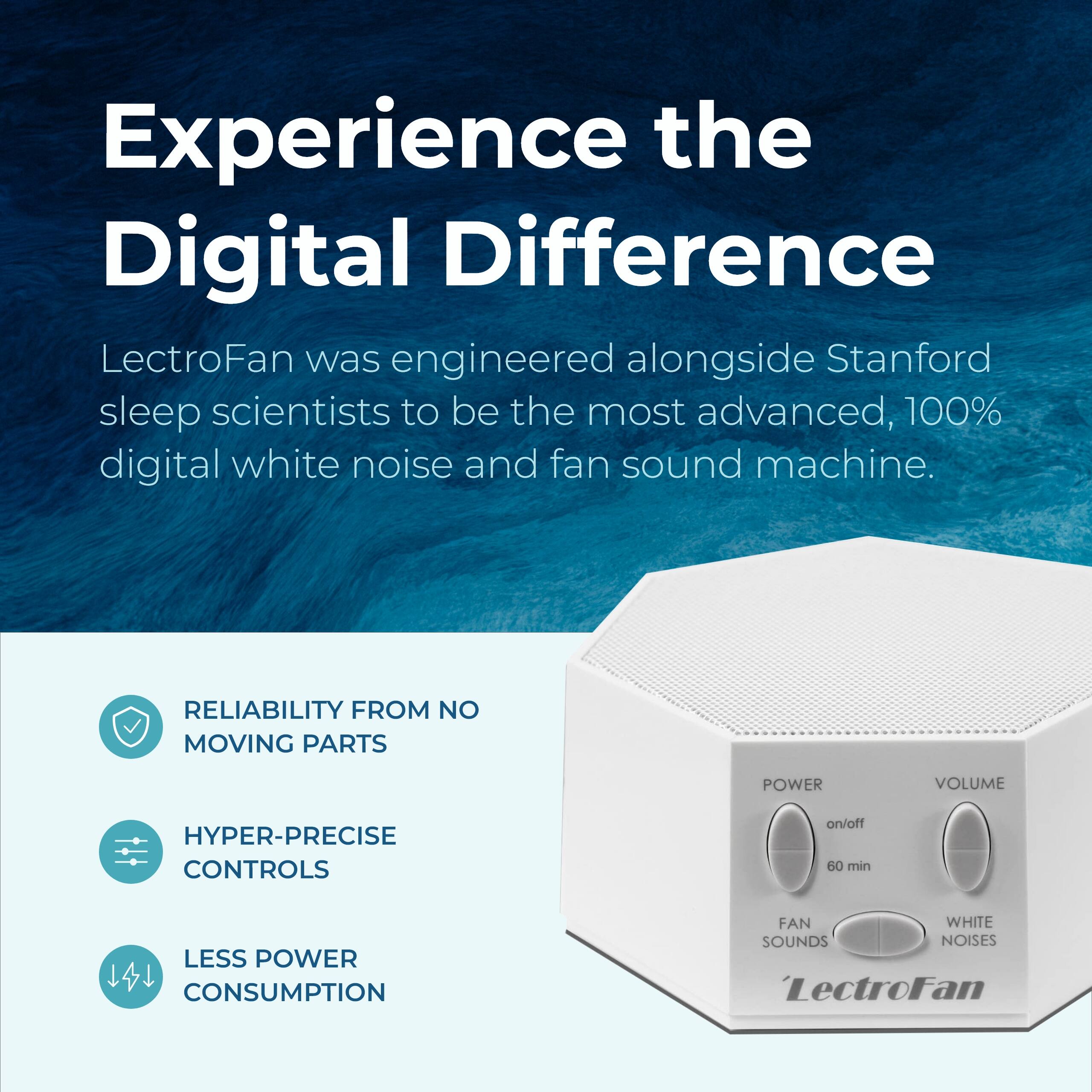 Experience the Digital Difference

LectroFan was engineered alongside Stanford sleep scientists to be the most advanced, 100% digital white noise and fan sound machine.

- RELIABILITY FROM NO MOVING PARTS
- HYPER-PRECISE CONTROLS
- LESS POWER CONSUMPTION

POWER
on/off
60 min

VOLUME

FAN SOUNDS

WHITE NOISES

LectroFan