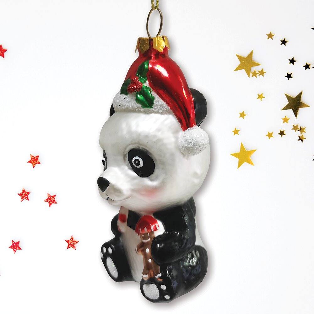Left. OrnamentallyYou - Cute Panda with Santa Hat and Gift Blown Glass Christmas Ornament - Multi-colored.