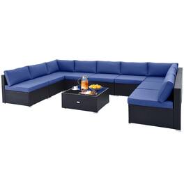 Gymax - 10PCS Rattan Furniture Set Outdoor Wicker Sofa Table Cushioned Seat Patio - Navy