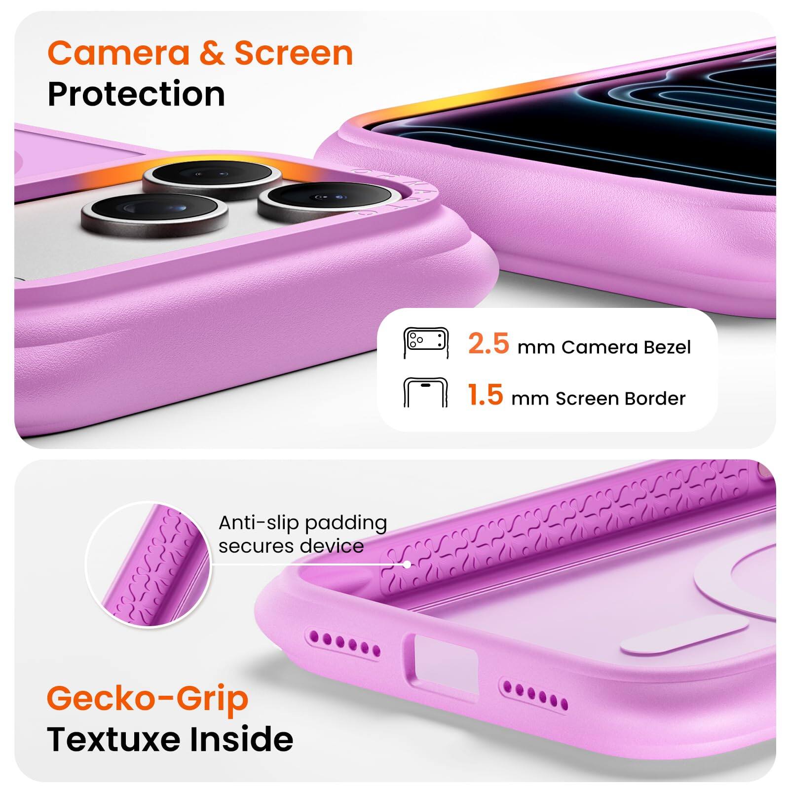 Camera & Screen Protection  
2.5 mm Camera Bezel  
1.5 mm Screen Border  
Anti-slip padding secures device  
Gecko-Grip Textuxe Inside