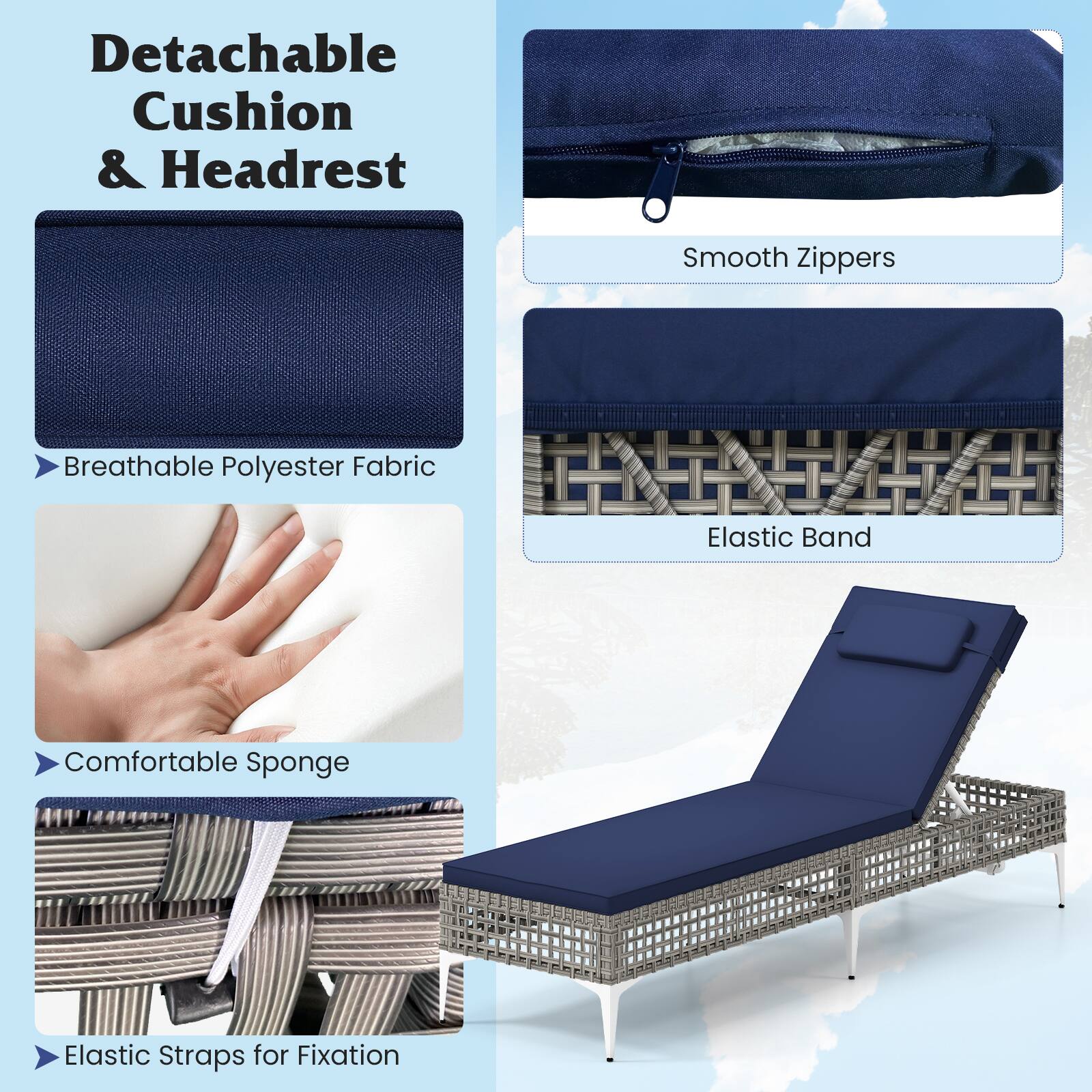 Detachable Cushion & Headrest
Breathable Polyester Fabric
Smooth Zippers
Elastic Band
Comfortable Sponge
Elastic Straps for Fixation