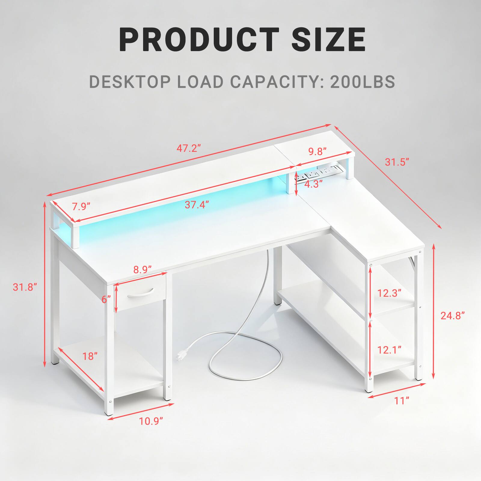 PRODUCT SIZE  
DESKTOP LOAD CAPACITY: 200LBS  
47.2" x 9.8" x 4.3" x 31.5" x 7.9" x 37.4" x 31.8" x 6" x 8.9" x 12.3" x 24.8" x 18" x 12.1" x 11" x 10.9"