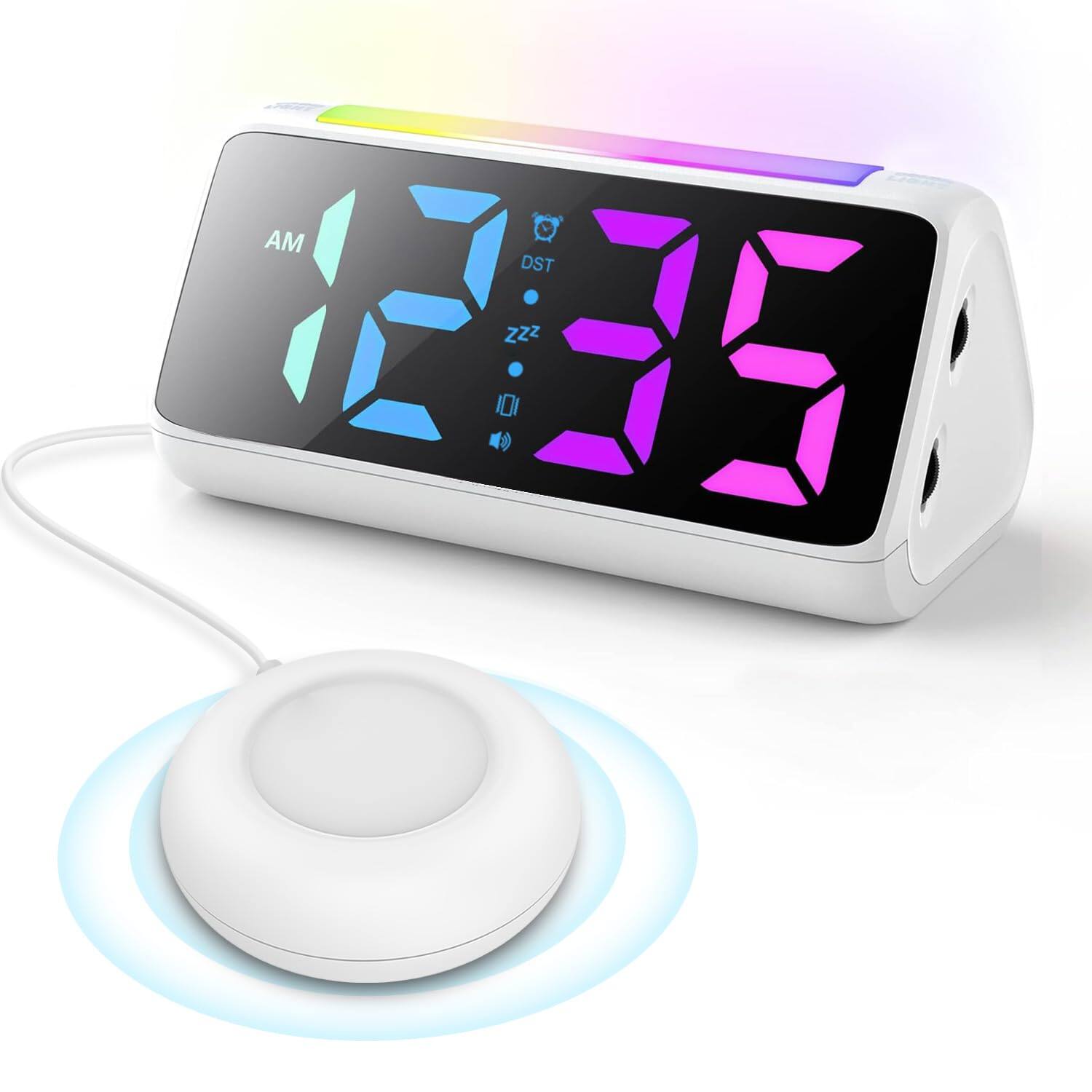 Dazzed Corner - Alarm Clock with Bed Shaker, Loud Alarm, RGB Display - White