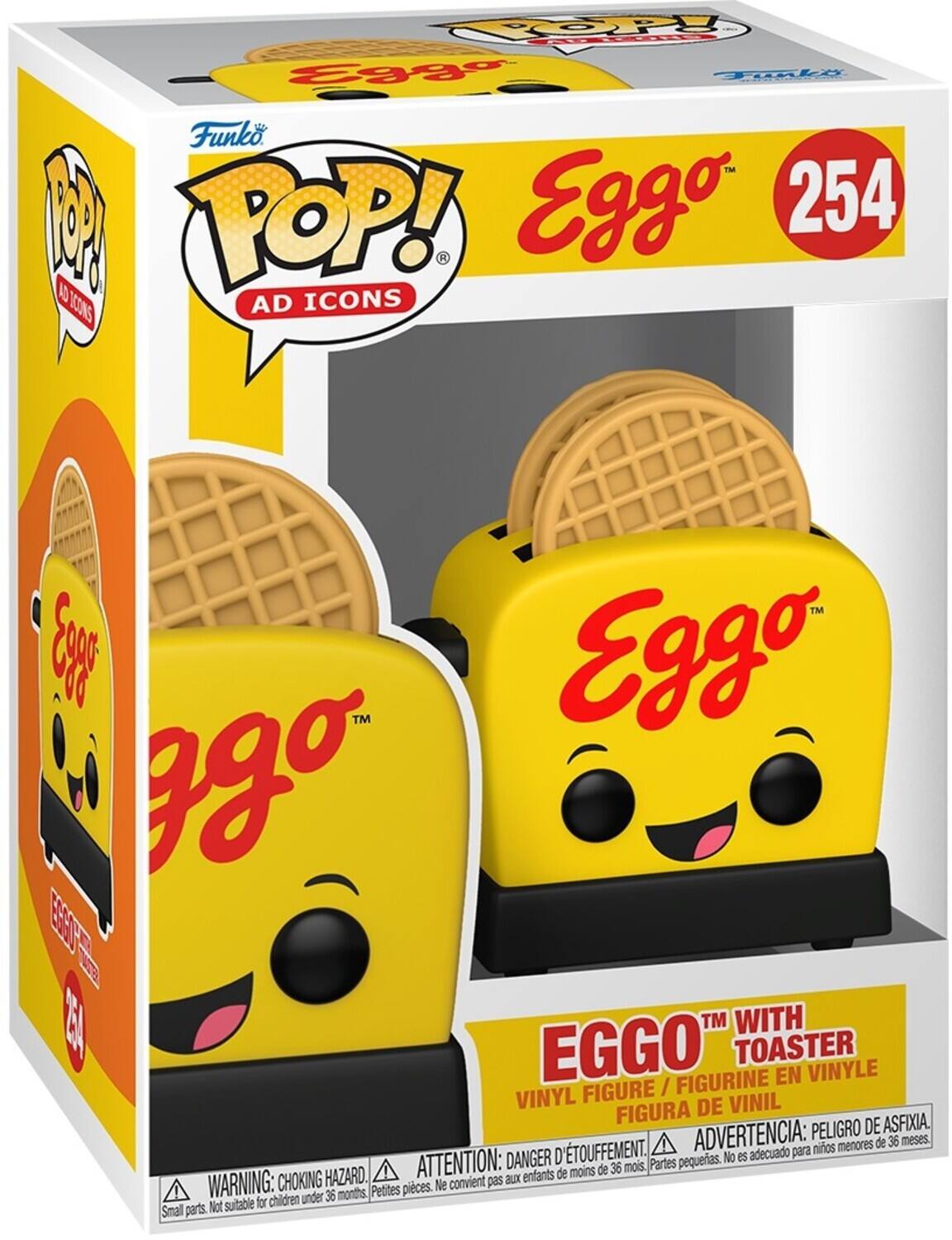 Sure, here is the corrected and grouped text from the image:

---

**Funko POP! AD ICONS**

**Eggo™**

**254**

**EGGO™ WITH TOASTER**

**VINYL FIGURE / FIGURINE EN VINYLE / FIGURA DE VINIL**

**WARNING: CHOKING HAZARD. Small parts. Not suitable for children under 36 months.**

**ATTENTION: DANGER D'ÉTOUFFEMENT. Petites pièces. Ne convient pas aux enfants de moins de 36 mois.**

**ADVERTENCIA: PELIGRO DE ASFIXIA. Partes pequeñas. No es adecuado para niños menores de 36 meses.**

---

This text is organized to reflect the branding, product name, number, and safety warnings as they appear on the packaging.