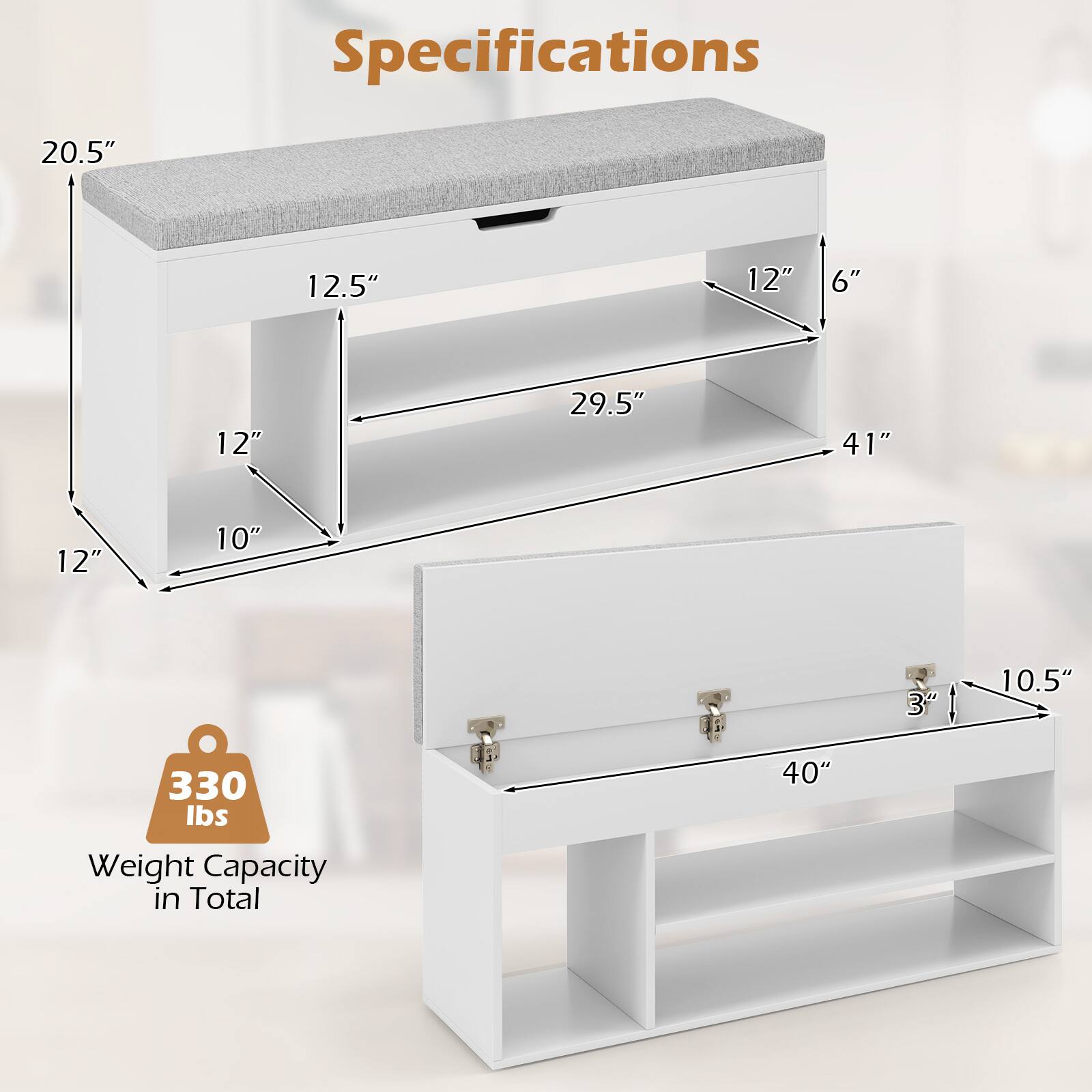 Specifications

- 20.5" (height)
- 12.5" (depth)
- 12" (width)
- 6" (shelf depth)
- 12" (shelf height)
- 29.5" (shelf width)
- 41" (overall width)
- 12" (drawer height)
- 10" (drawer depth)
- 3" (drawer height)
- 10.5" (drawer width)
- 40" (drawer length)
- 330 lbs (Weight Capacity in Total)