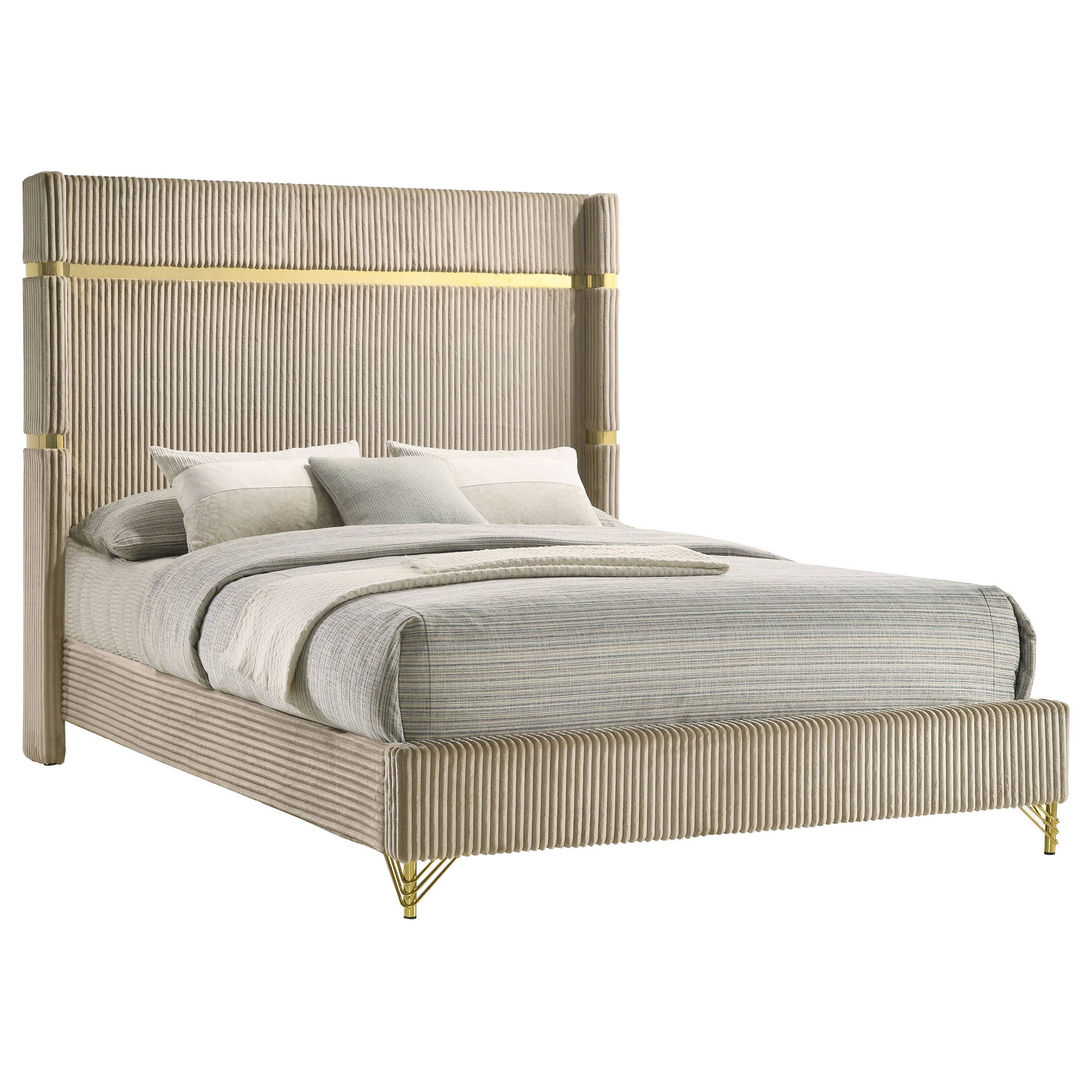 Alt View 1. Manhattan Lane - Jenny Queen Size Bed, Fluted Wingback Headboard, Beige Upholstery Gold Trim - Beige, Gold.