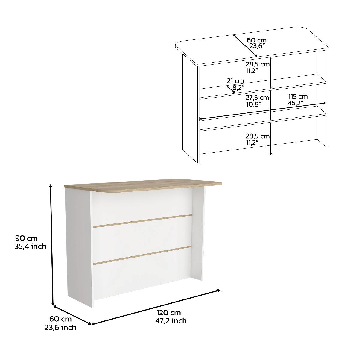 60 cm 23,6"  
28,5 cm 11,2"  
21 cm 8,2"  
27,5 cm 10,8"  
115 cm 45,2"  
28,5 cm 11,2"  
90 cm 35,4 inch  
60 cm 23,6 inch  
120 cm 47,2 inch