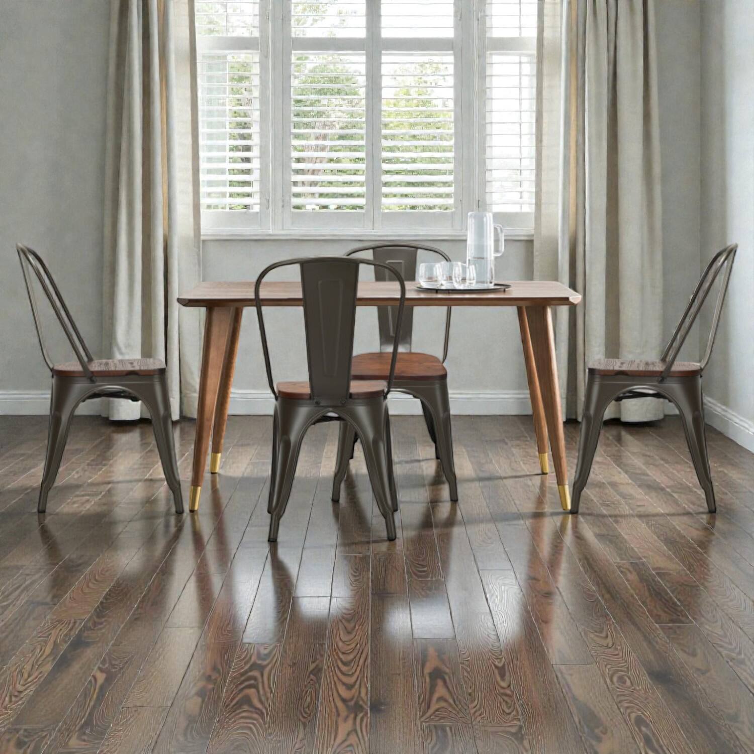 Front. Hivvago - Stackable Metal Dining Chair Set of 4 with 18-Inch Wooden Seat - Dark Green.