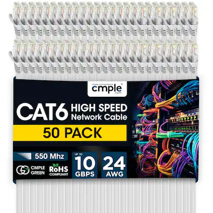 make connections cmple .com HIGH SPEED CAT6 Network Cable 50 PACK UP TO 550 Mhz CMPLE RoHS 10 24 S GREEN GBPS AWG COMPLIANT