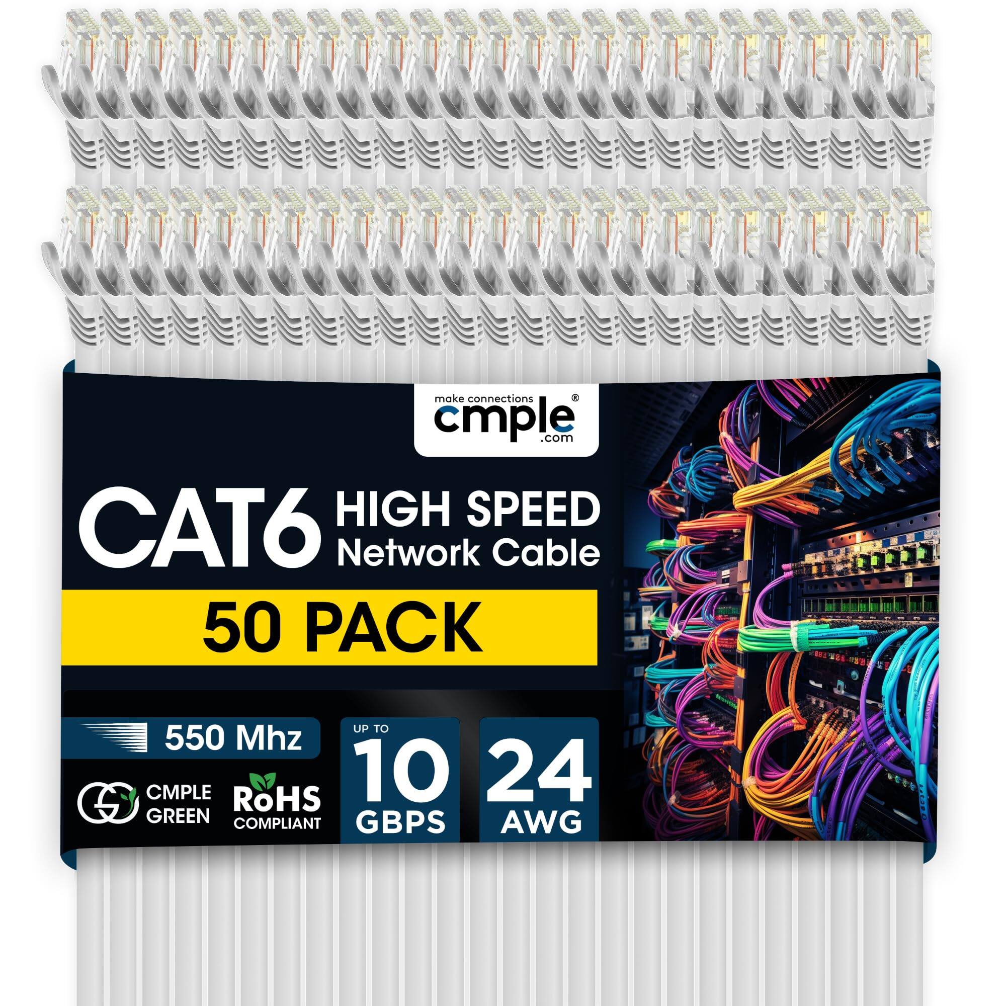 make connections cmple .com HIGH SPEED CAT6 Network Cable 50 PACK UP TO 550 Mhz CMPLE RoHS 10 24 S GREEN GBPS AWG COMPLIANT