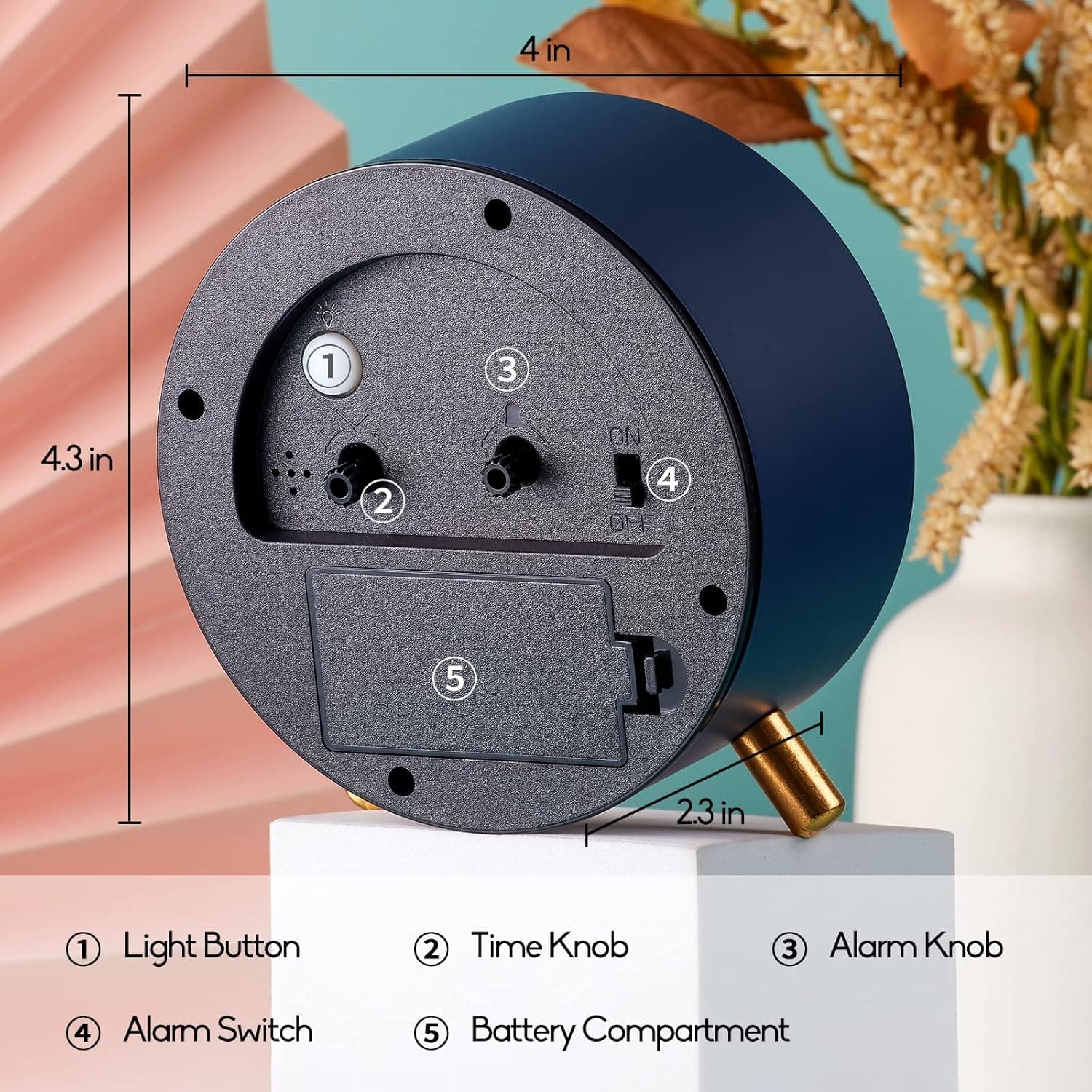 4 in 1  
3 4.3 in 2 ON, 4 OFF 5 I | 2.3 in 1 Light Button 2 Time Knob 3 Alarm Knob 4 Alarm Switch 5 Battery Compartment