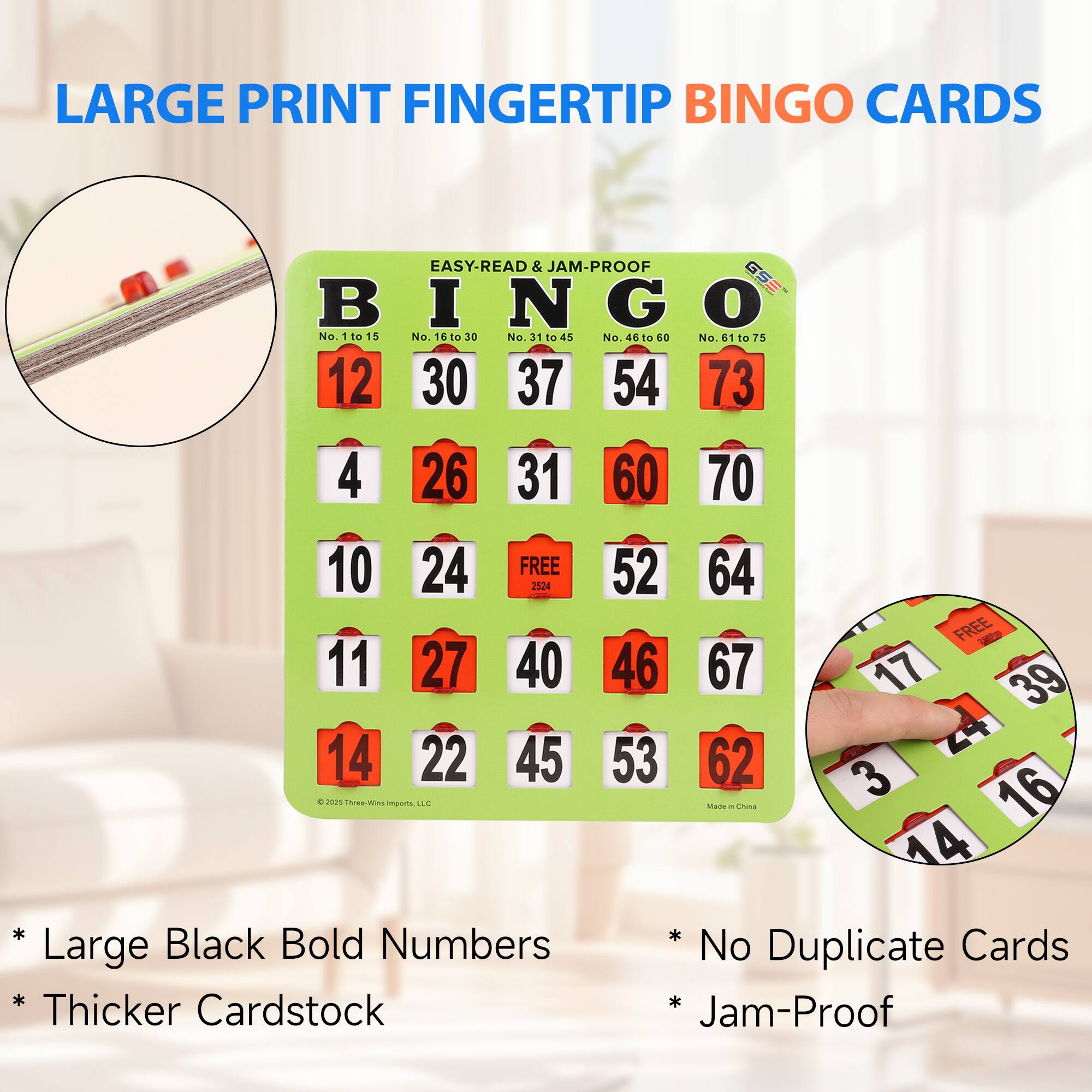 LARGE PRINT FINGERTIP BINGO CARDS  
EASY-READ & JAM-PROOF  

B I N G O  
No. 1 to 15 | No. 16 to 30 | No. 31 to 45 | No. 46 to 60 | No. 61 to 75  

12 30 37 54 73  
4 26 31 60 70  
10 24 FREE 52 64  
11 27 40 46 67  
14 22 45 53 62  

* Large Black Bold Numbers  
* Thicker Cardstock  
* No Duplicate Cards  
* Jam-Proof  

© 2023 Three Wins Import, LLC