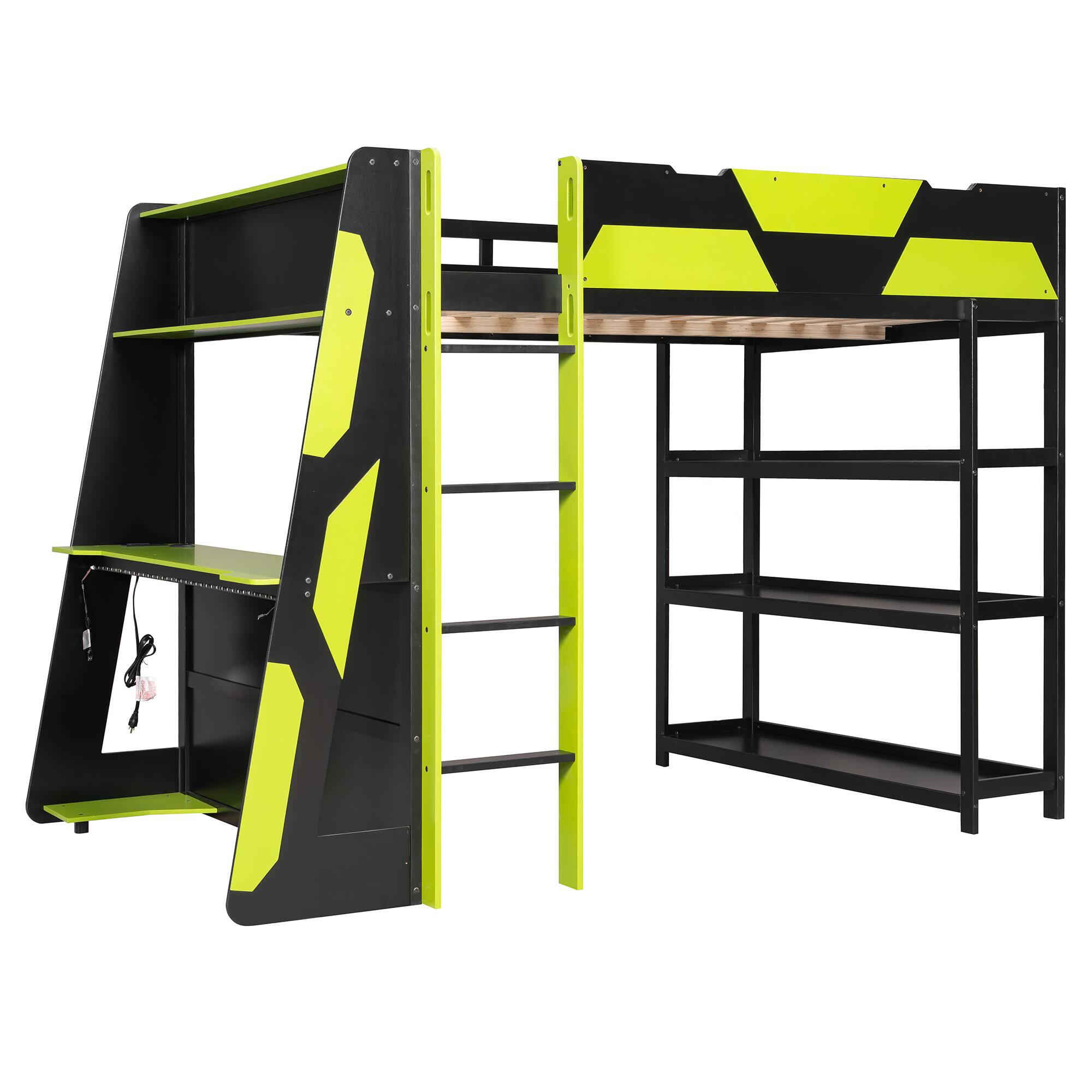 Left. Whisen - Full Size Loft Bed with Gaming Desk, Built-in Shelves, Power Station & LED Lights for Bedroom - Black|Green.