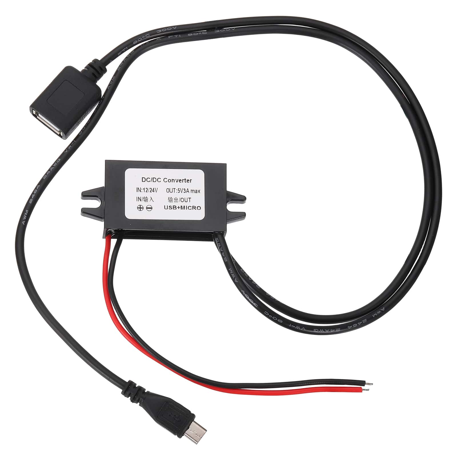 Unique Bargains - DC 12/24V to 5V 3A 15W Step Down Converter with Dual Cable USB + Micro USB for Car Truck Solar - Black