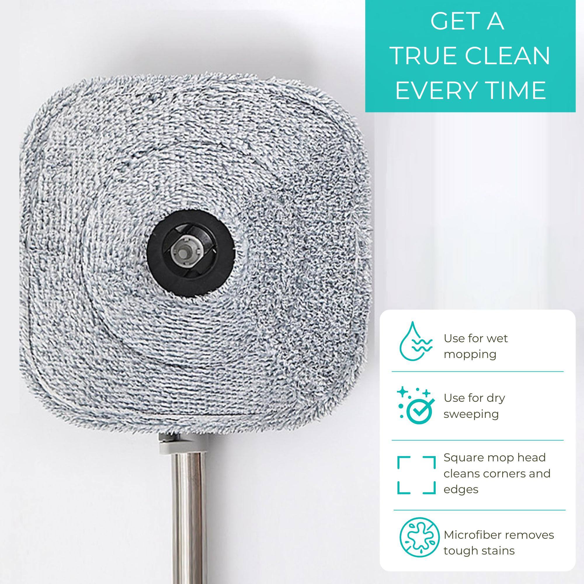 GET A TRUE CLEAN EVERY TIME

- Use for wet mopping
- Use for dry sweeping
- Square mop head cleans corners and edges
- Microfiber removes tough stains