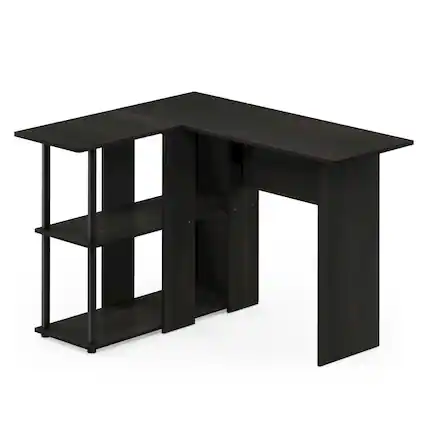 Front. FurniFact - Black L Shaped Desk with Bookshelf and Storage Drawers for Office Use - Espresso/Black.