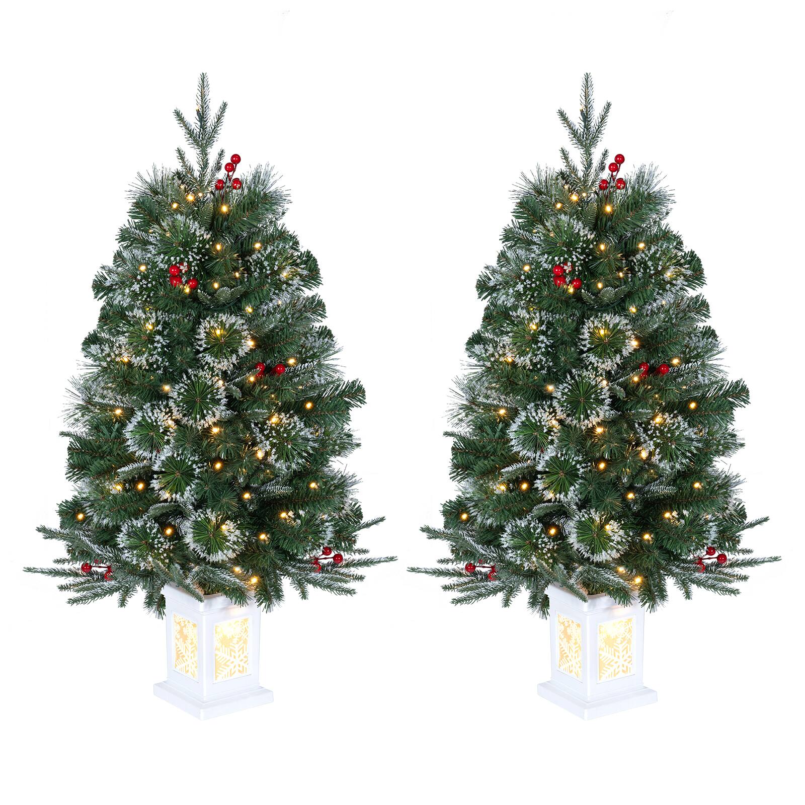 Front. Costway - Costway 2 PCS Potted Christmas Tree with 129 Branch Tips 10 Red Berry Clusters 80 LED Lights - Green & White.