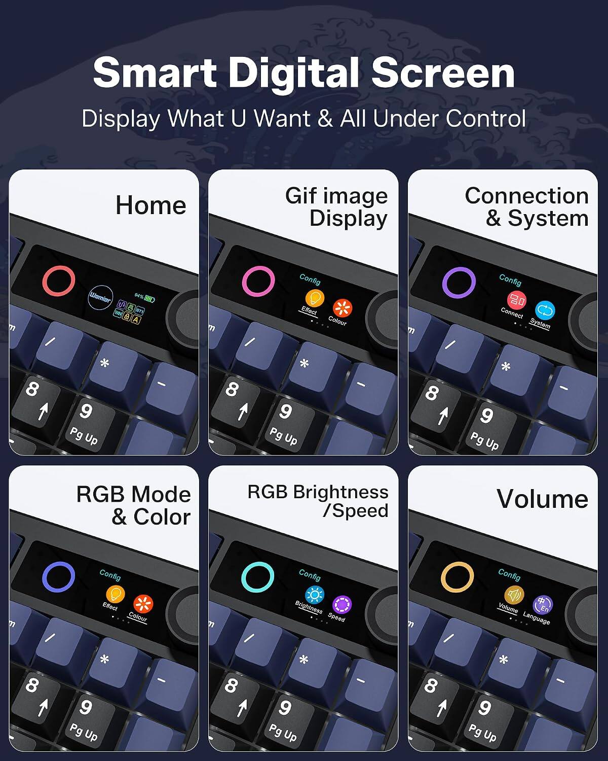 Smart Digital Screen  
Display What U Want & All Under Control  

Home  
Gif image Display  
Connection & System  

RGB Mode & Color  
RGB Brightness / Speed  
Volume  

Config Effect Colour * - 9 Pg Up / 8  
Config Wrightness Speed * - 9 Pg Up - 8  
Config Volume Language * - 9 Pg Up