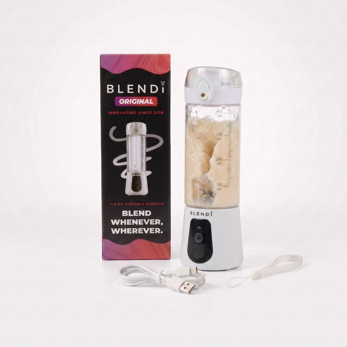 No BLEND ORIGINAL  
INNOVATING SINCE 2016  
400 ml  
300 ml  
200 ml  
100 ml  
BLENDI  
17.5 oz PORTABLE BLENDER  
BLEND WHENEVER, WHEREVER.  
BLENDI