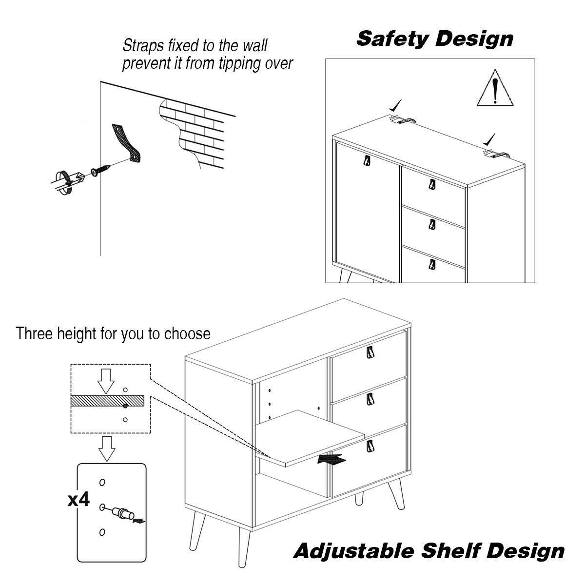 Safety Design, Adjustable Shelf Design, Three height for you to choose, Straps fixed to the wall prevent it from tipping over