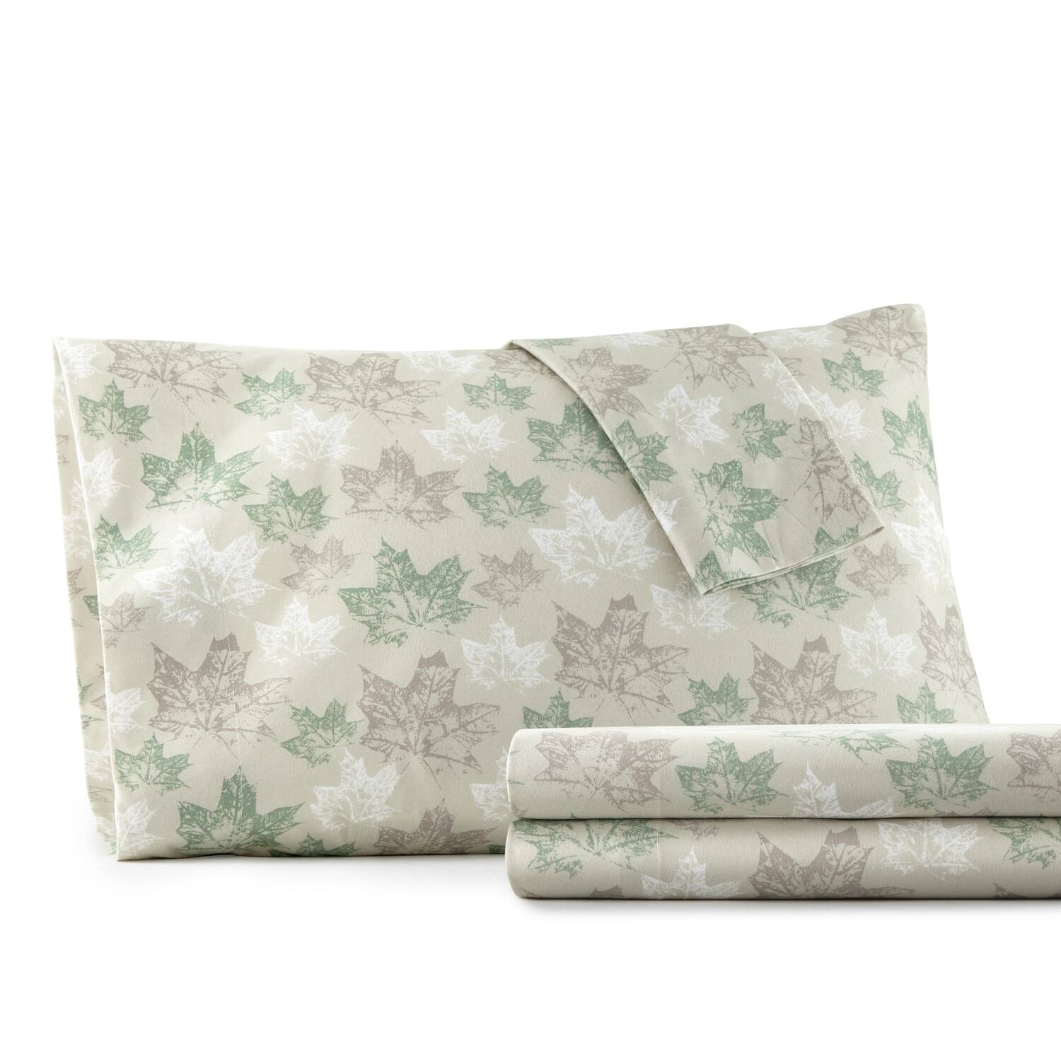 Front. Shavel Home Products - Shavel 100% Polyester Luxury Micro Flannel Printed Deep-Pocket Maple Leaves Sheet Set Queen Tan - Tan.