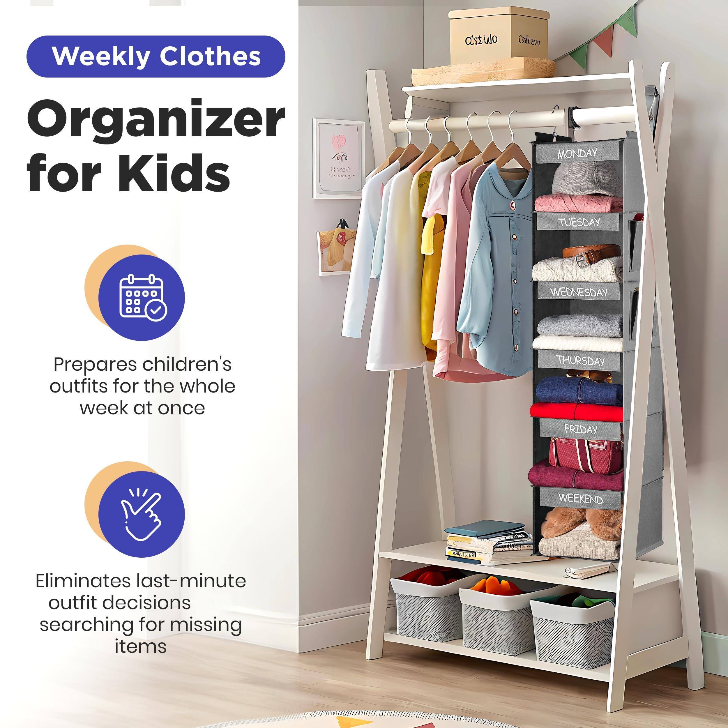 Weekly Clothes Organizer for Kids

- Prepares children's outfits for the whole week at once
- Eliminates last-minute outfit decisions searching for missing items