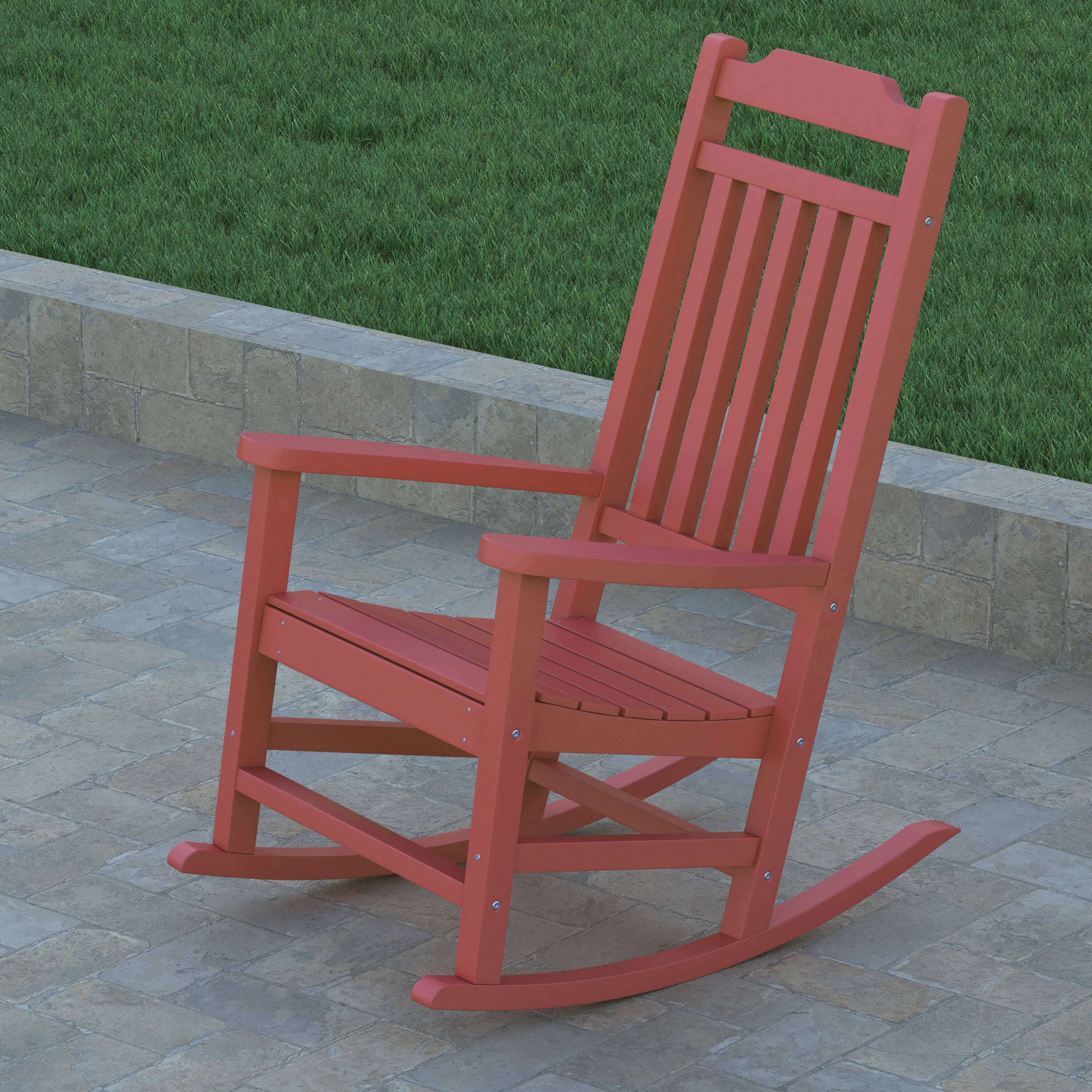 Alt View 3. Emma + Oliver - All-Weather Poly Resin Wood Rocking Chair - Patio and Backyard Furniture - Red.