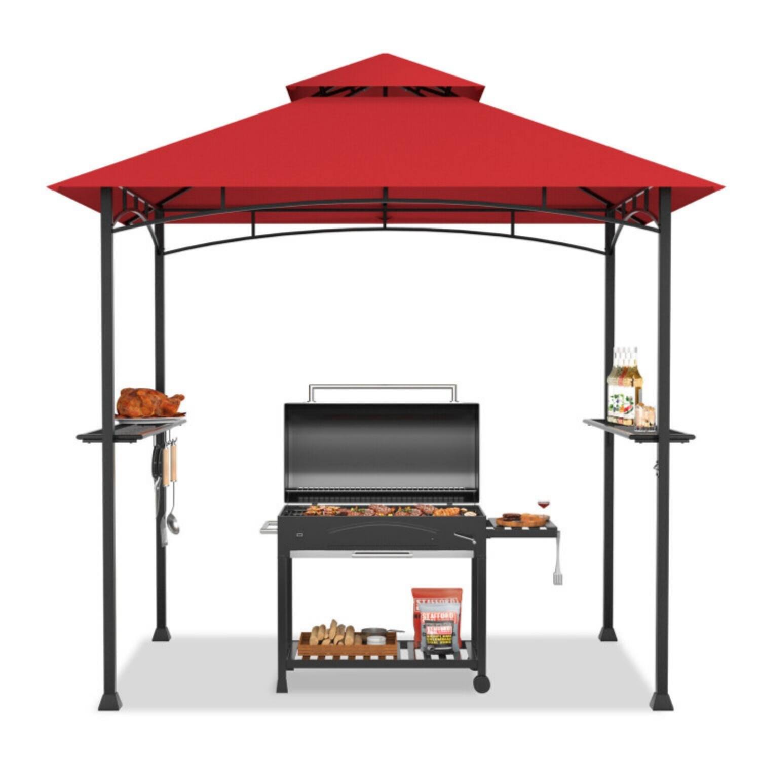 Alt View 5. Mondawe - 8 x 5 FT Freestanding Grill Gazebo Canopy with 2 Shelves, 5 Hooks, and Bottle Opener - Dark Red.