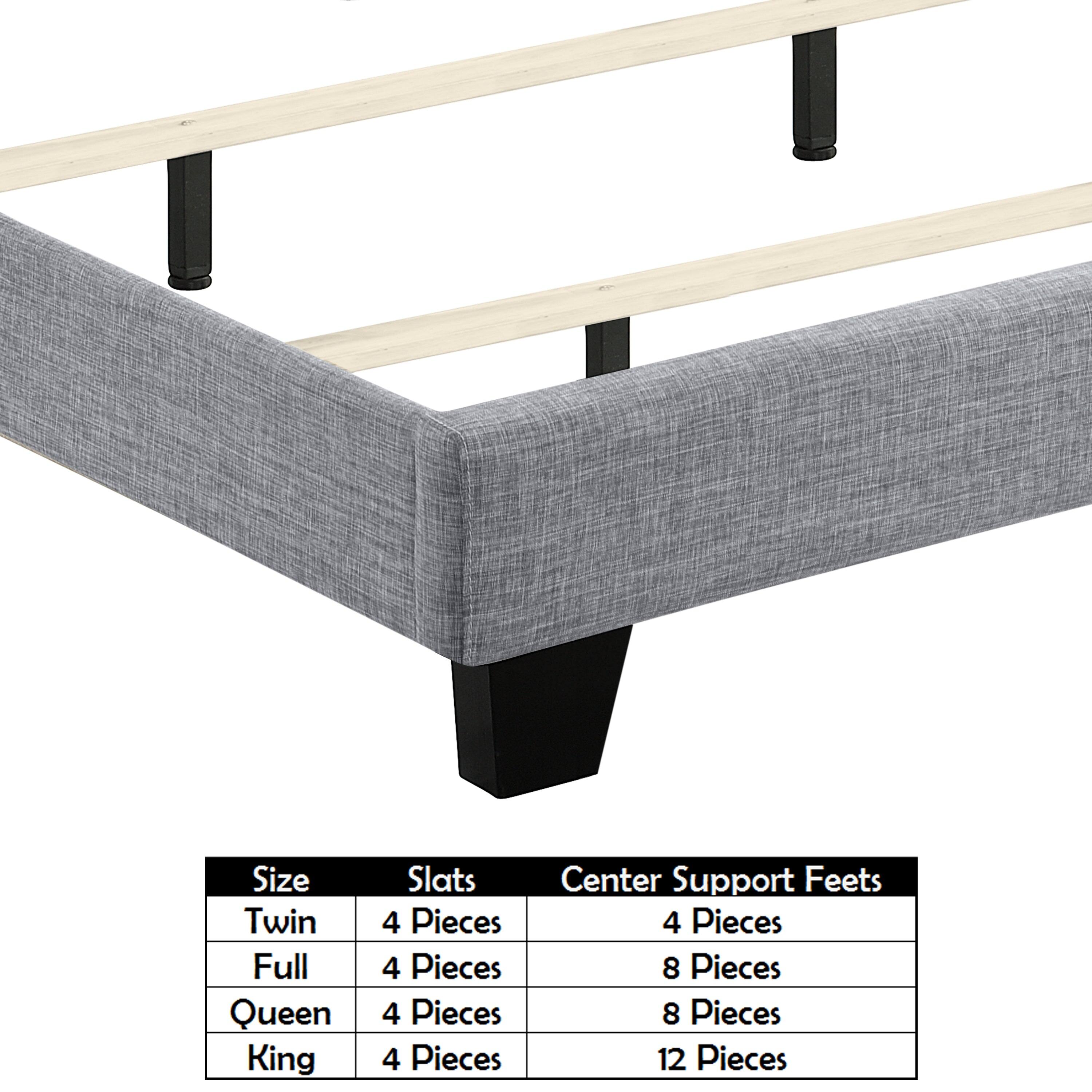 Size | Slats | Center Support Feet  
Twin | 4 Pieces | 4 Pieces  
Full | 4 Pieces | 8 Pieces  
Queen | 4 Pieces | 8 Pieces  
King | 4 Pieces | 12 Pieces