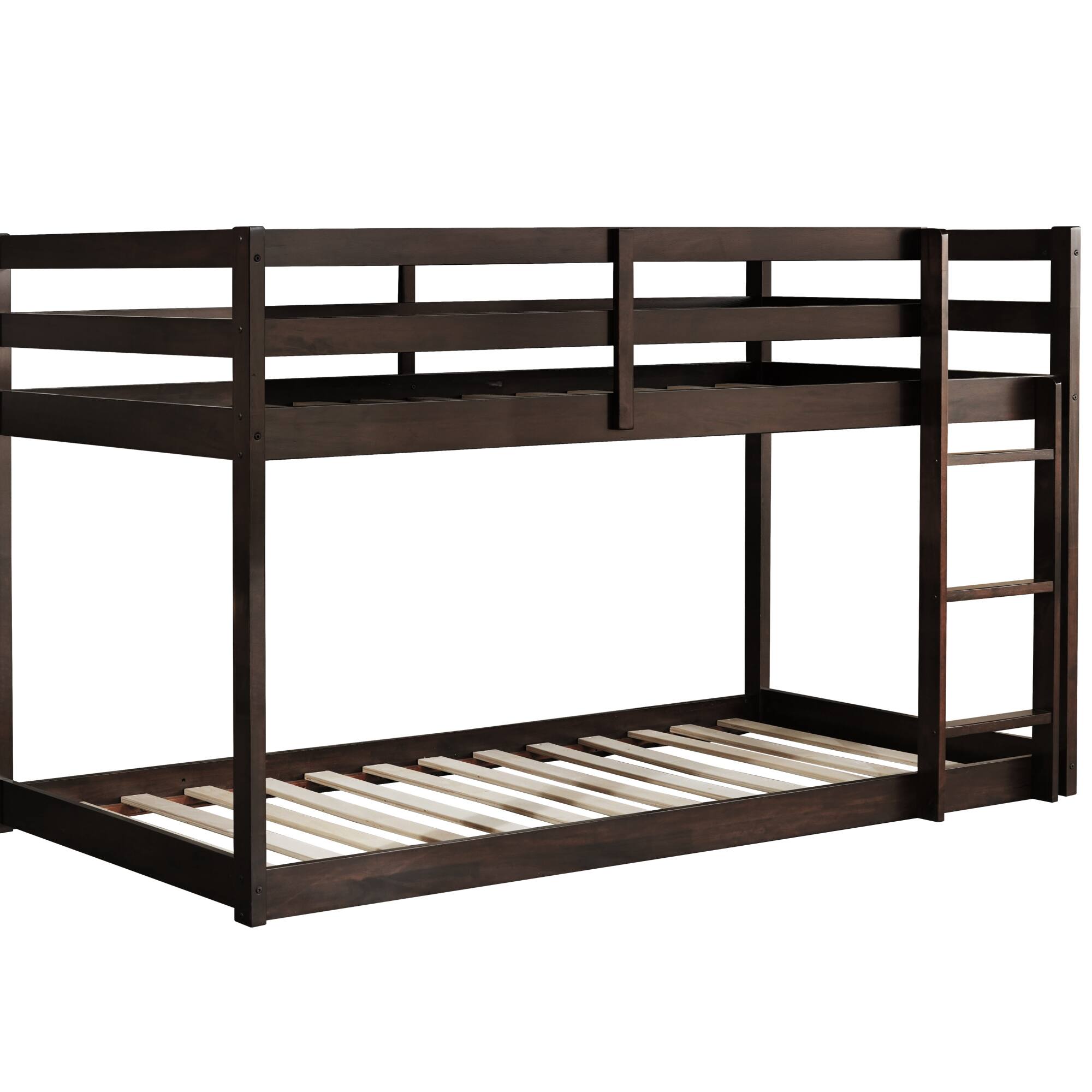 Angle. GOODSILO - Solid Wood Twin Over Twin Floor Bunk Bed with Ladder and Strengthened Slats for Enhanced Stability - Espresso.