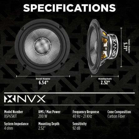 SPECIFICATIONS

Overall Diameter 6.54"
XANIX Mounting Depth 2.52"
Cutout Diameter 5.71"
Model Number XSP65KIT
RMS / Max Power 200 W
Frequency Response 40 Hz - 21 kHz
Cone Composition Carbon Fiber
System Impedance 4 ohm
Mounting Depth 2.52"
Sensitivity 92 dB