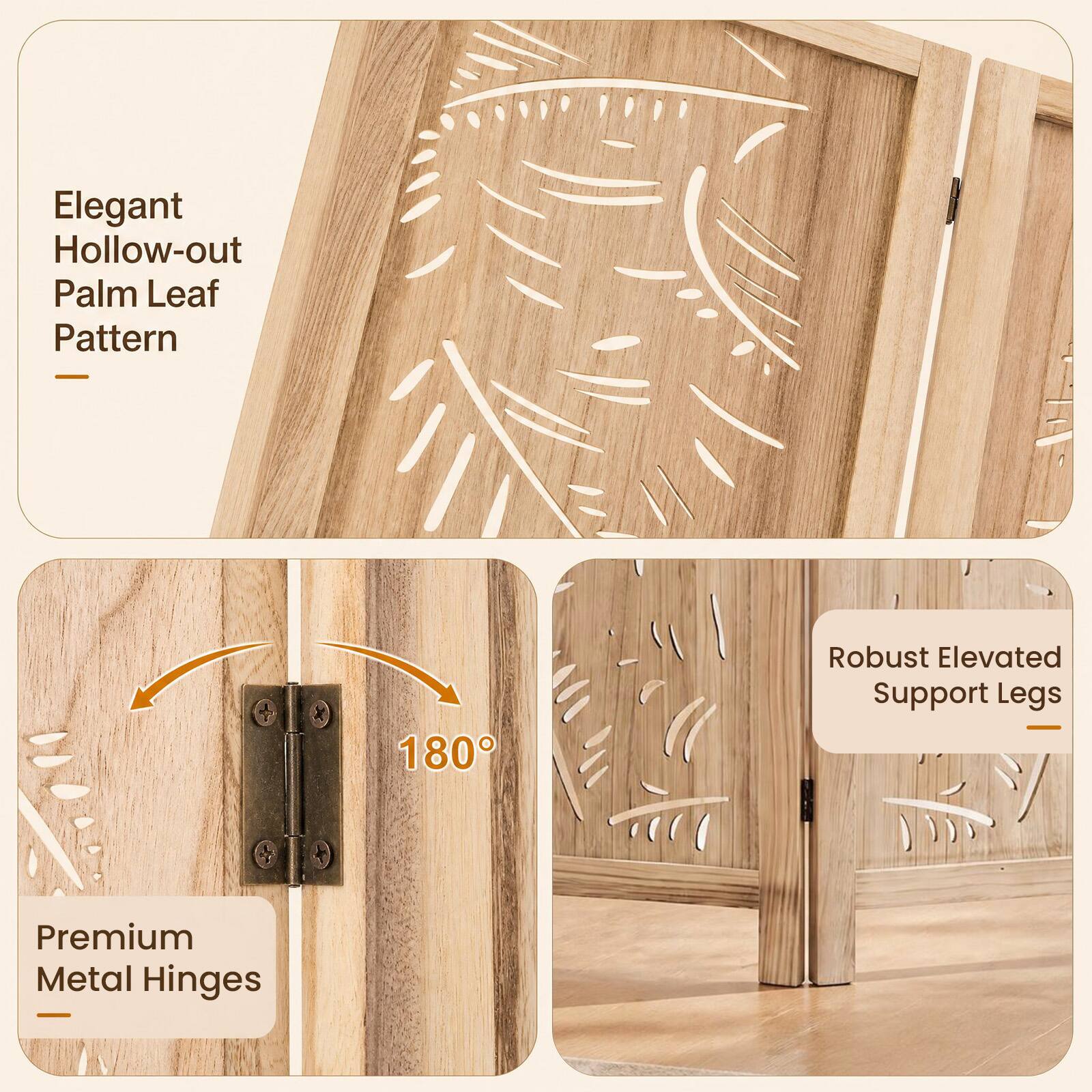 Elegant Hollow-out Palm Leaf Pattern

180°

Robust Elevated Support Legs

Premium Metal Hinges