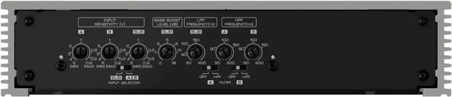 INPUT SENSITIVITY [V] BASS BOOST LPF HPF LEVEL (dB) FREQUENCY [Hz] FREQUENCY [Hz] A 1 1 1 3.0 2.0 0.5 0.5 0.5 3 3 3 1 4 0.3 4 0.3 4 0.3 5 0.2 5 0.2 5 0.2 0 [MIN] [MAX] (MIN] [MAX] [MIN] [MAX] 5 150 100 100 100 150 150 12 BO BO 80 18 50 200 50 200 50 200 SUB A B INPUT SELECTOR OFF HPF OFF HPF A FILTER